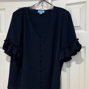 CeCe Navy Ruffle Sleeve Button Front Blouse